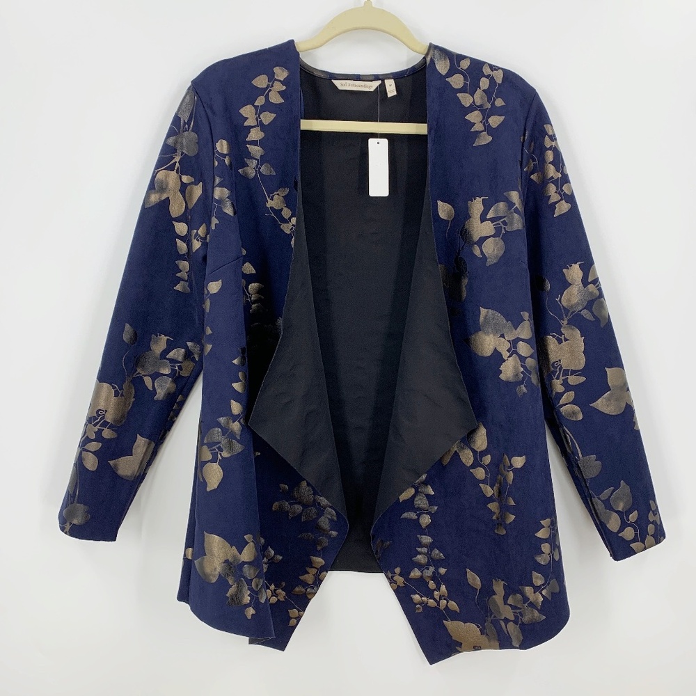 Soft Surroundings Blue & Bronze Floral Moleskin Open Front Jacket Topper Sz M